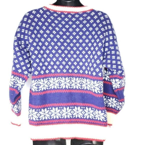 Vtg Interim M Blue White Red Fair Isle Ski Sweater - Picture 4 of 6